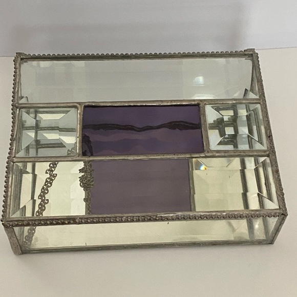 Vintage Jewelry Trinket Box Purple Stain Glass Clear Beveled Mirror Chain Hinged - Picture 4 of 12